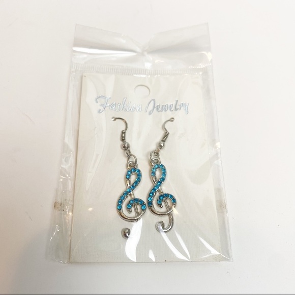 Blue Rhinestone Treble‎ Clef Earrings - Picture 1 of 3